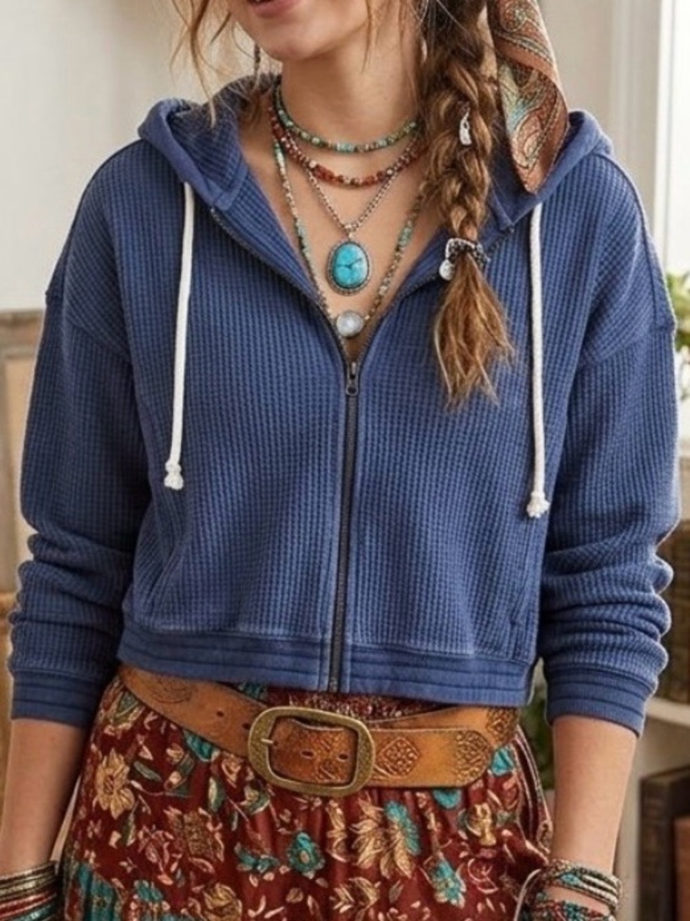 Aerie Navy Waffle-Knit Cropped Zip Hoodie Size Large
